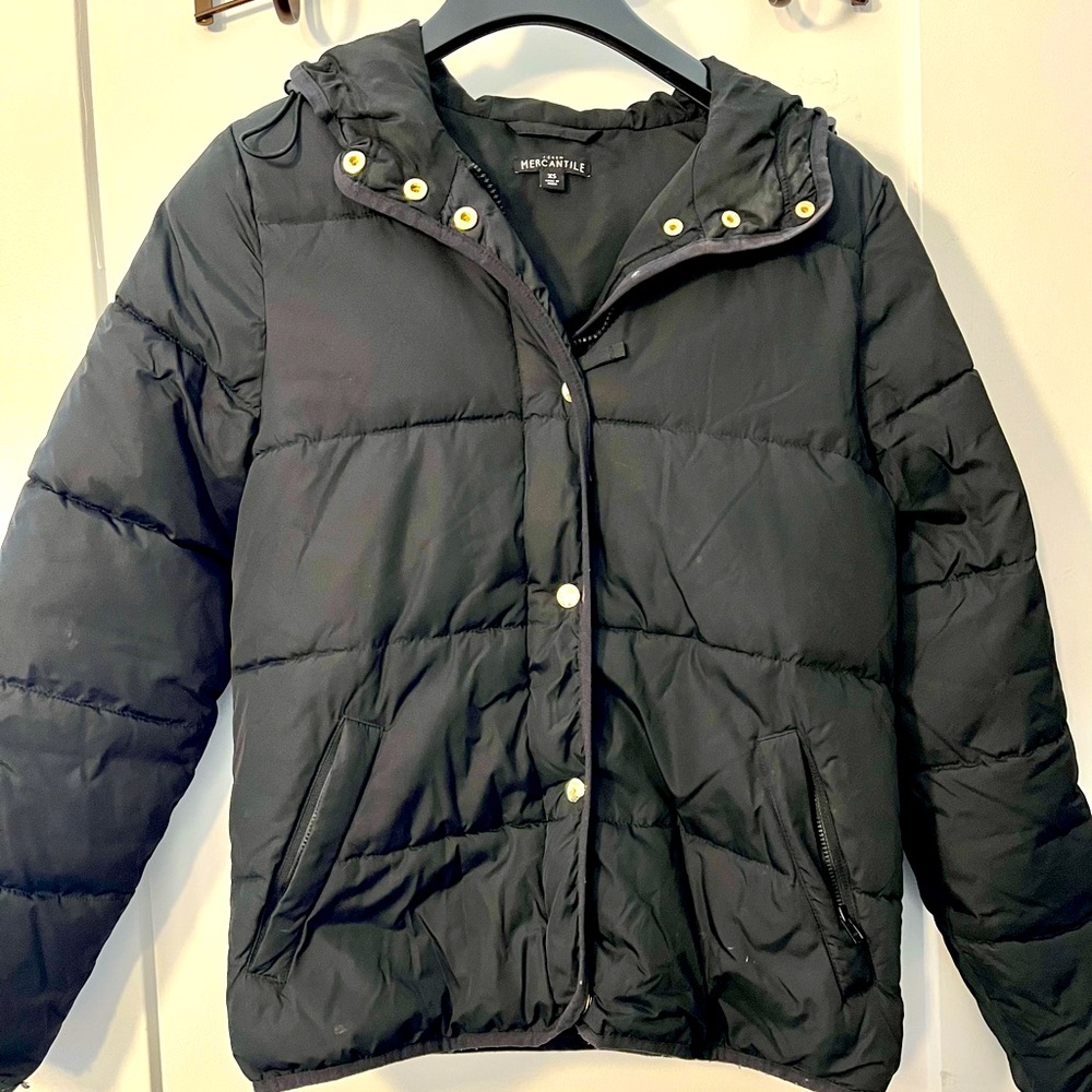 J Crew Black Puffer Coat with hood size XS